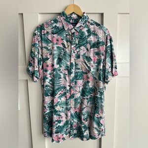 Cotton Tropical Green and Pink Men's Button Down Short Sleeve Shirt